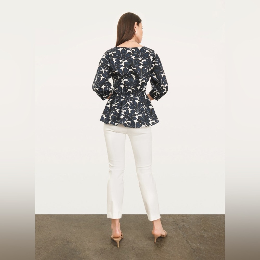 DONNA KARAN NEW YORK V-NECK PRINTED PEPLUM BLUE BLOUSE size Large - Picture 5 of 12
